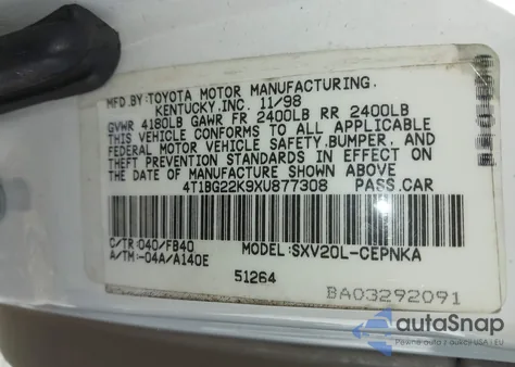 1999 Toyota Camry Le из США, поврежденный, VIN 4T1BG22K9XU877308